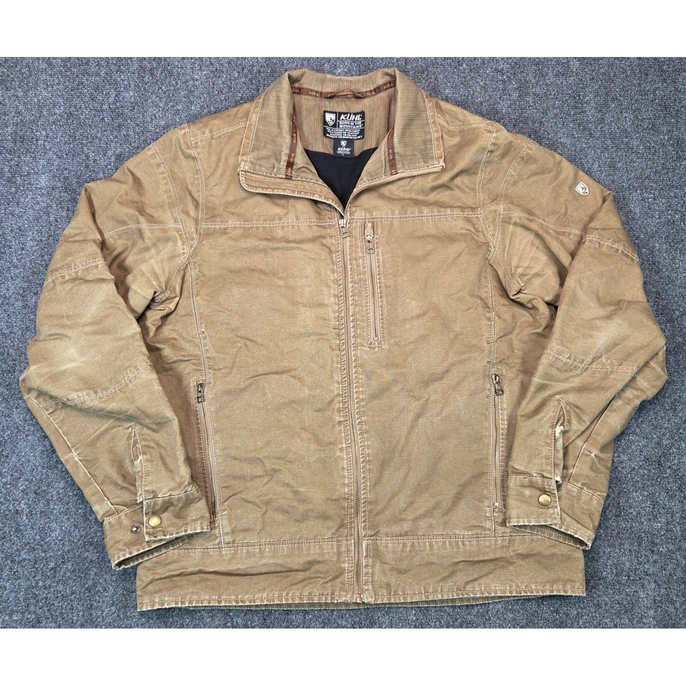 Kuhl Burr Jacket Mens Large Khaki Tan Cotton Canvas Fleece Lined Full Zip 1052